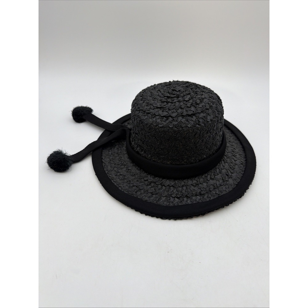 black woven straw boater hat detailed with a matching ribbon band